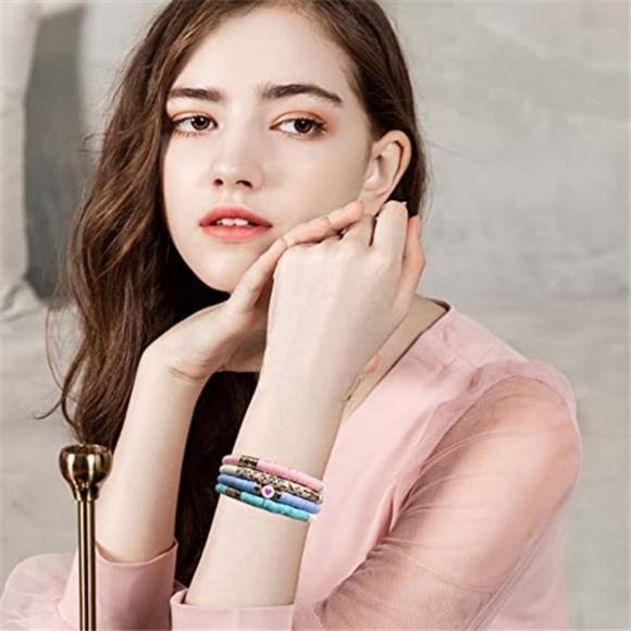 Surfer Heishi Clay Bead Bracelets for Women Bohemian Stackable Evil Eye Vinyl - Picture 7 of 8